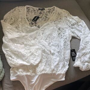 Express White Lace Puff Sleeve Bodysuit